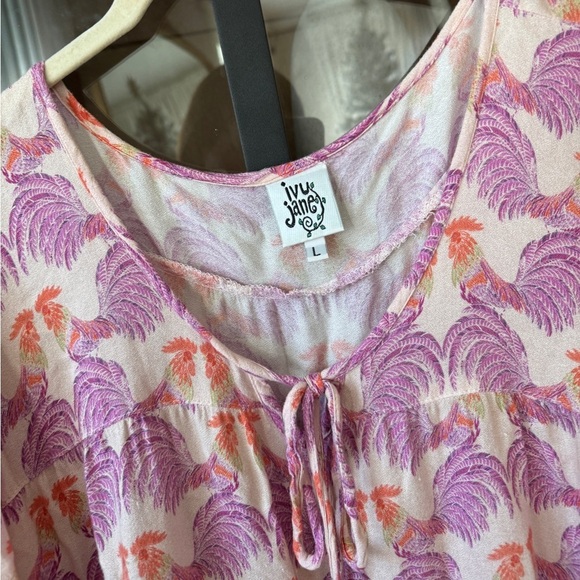 Anthropologie babydoll blouse Novelty Rooster print Ivy Jane ruffles bell sleeve - Picture 2 of 8